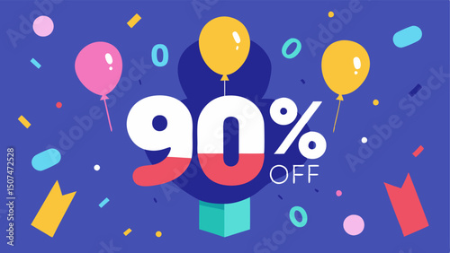 Energetic Discount Display The bold text of Up to 90% OFF takes center stage encircled by lively confetti and whimsical balloon designs that add to the festive energy.