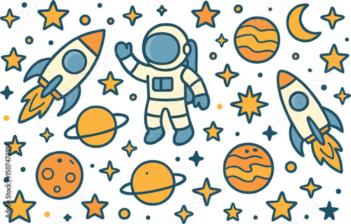 The background features a cosmos vector design, along with a seamless cartoon pattern that includes space rockets, cosmonauts, planets, and stars
