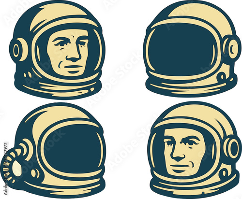 A vintage astronaut helmet set featuring a spaceman's face in a space suit with a retro design, presented as a vector illustration