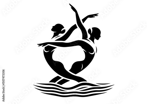 Two women performing synchronized swimming silhouette on white