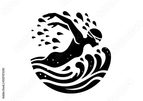 Female swimmer in freestyle stroke silhouette with splashes on white