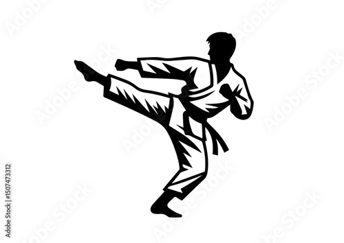 Man performing high kick in karate pose black silhouette on white