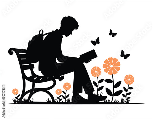 Student Studying in Park with Backpack Silhouette