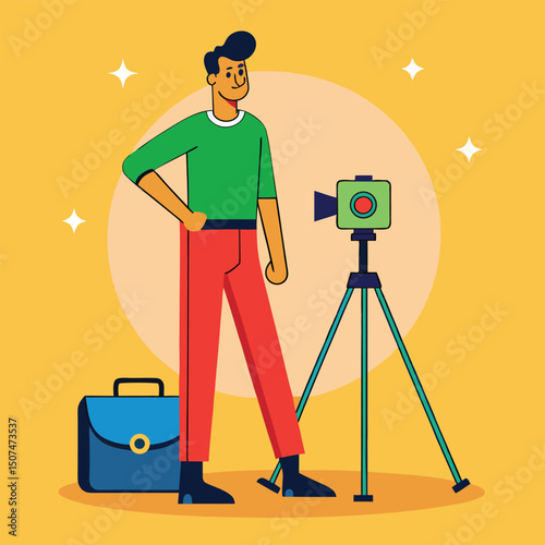 A stylish videographer with a video camera on a tripod ready to create content with a yellow background.
