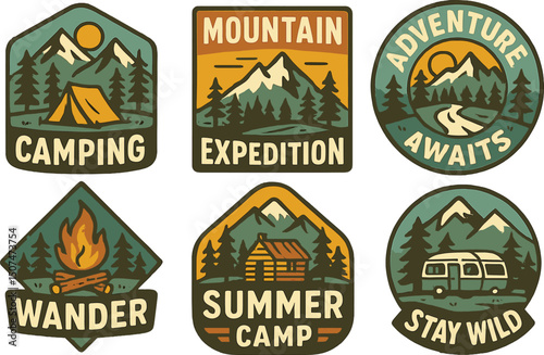 A collection of vintage hand-drawn travel badges, including camping labels and mountain expedition logo designs, isolated on a white background as  vector patches
