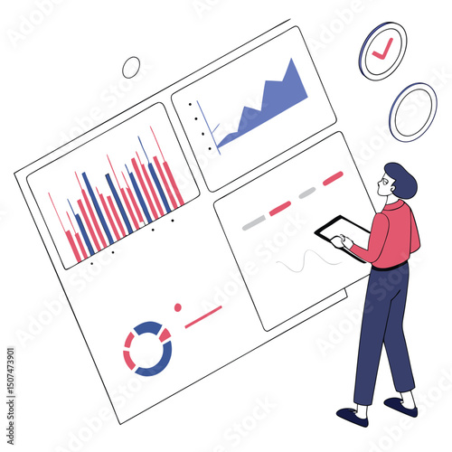 Business analyst examining data visualization charts with a tablet for business strategy and review process
