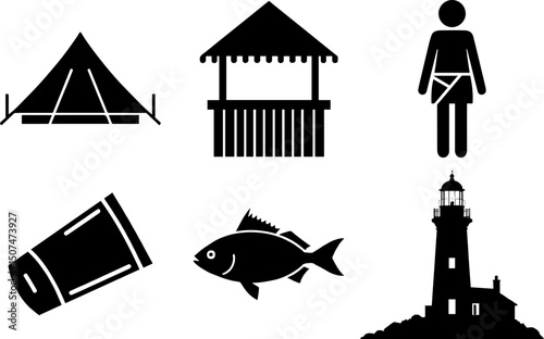 Icons depicting camping beach and seaside elements  vector, silhouette, illustration, horizontal, isolated assets, on transparent background