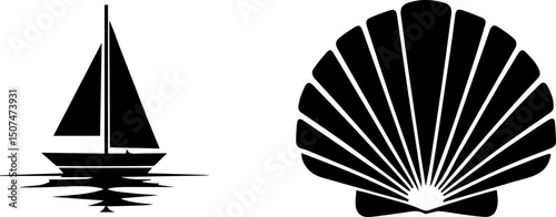 Silhouette of sailboat and seashell vector graphic  vector, silhouette, illustration, horizontal, isolated assets, on transparent background