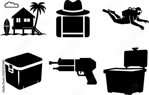 Collection of travel and leisure themed illustrations  vector, silhouette, illustration, horizontal, isolated assets, on transparent background