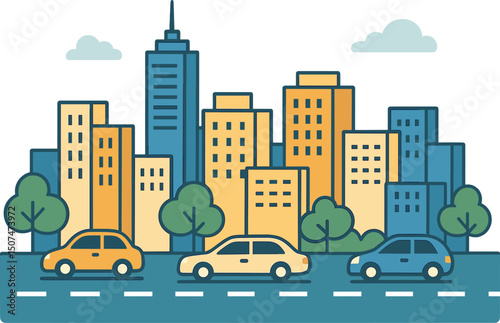 Vector illustration of a cityscape background that includes a road and cars, along with the urban landscape and city skyline