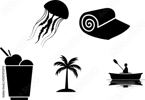 Silhouette image of beach themed summer vacation  vector, silhouette, illustration, horizontal, isolated assets, on transparent background