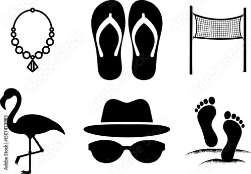 Beach themed icons including flamingo and necklace  vector, silhouette, illustration, horizontal, isolated assets, on transparent background
