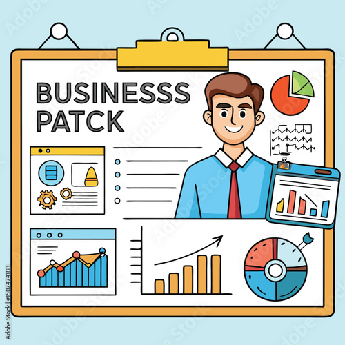 Business presentation featuring an analyst with various charts graphs and data on a large whiteboard background with a light blue background