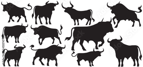 Set of silhouettes of different bull poses. Farm animal. cow silhouette Vector set. cattle silhouettes,