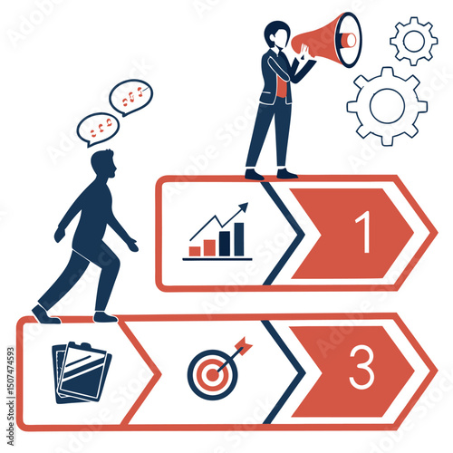 Business team collaboration with step-by-step process and strategic goal-oriented concepts in a flat design illustration.