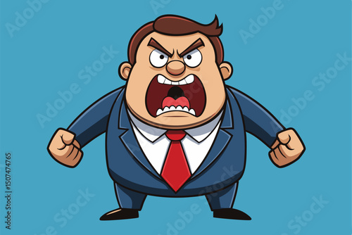 Cartoon businessman with an angry expression showing fury with clenched fists ready to argue and debate on a white background.