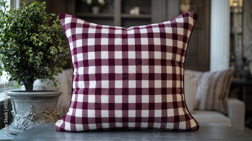 Burgundy and White Gingham Pillow: Home Decor Accent