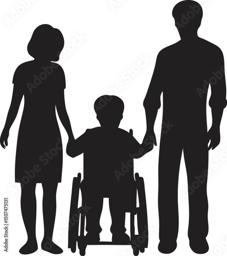 Silhouette Vector Illustration of a Family with a Child in a Wheelchair Representing Inclusivity and Family Unity