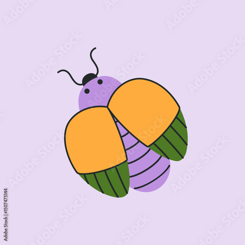 Colorful insect with orange, green wings and purple body. Bug shows beetle, firefly, ladybug, cicada or leaf insect for kids and education. Vector flat illustration isolated on light background