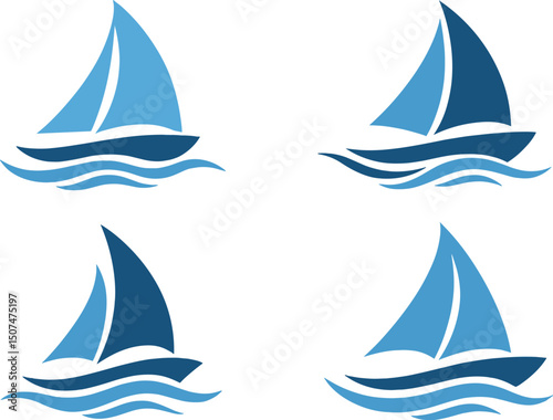 Vector illustration of a sailboat on waves, part of a blue sailing boat logo set with abstract icon and template