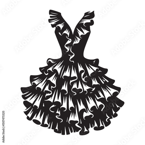 Flat design showing ruffled dress shape – ruffled dress silhouette – ruffled dress vector – ruffled dress illustration – ladies dress silhouette – silhouette of ruffled dress

