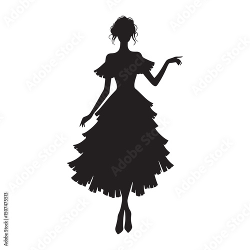 Classic ruffled dress shape rendered in elegant silhouette design – ruffled dress silhouette – ruffled dress vector – ruffled dress illustration – ladies dress silhouette – silhouette of ruffled dress