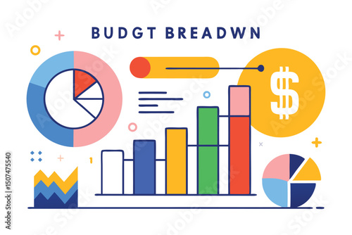 Colorful budget breakdown infographic featuring charts and graphics illustrating financial data and economic concepts on a white background