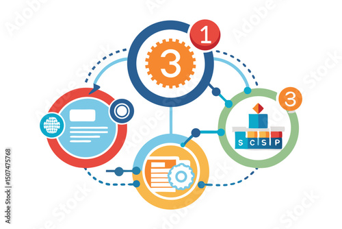 Colorful circular process infographic depicting sequential steps suitable for business and workflow presentations with transparency