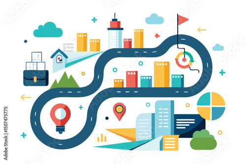 Colorful cityscape with business elements and road represents growth and progress on transparent background