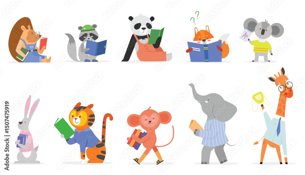 Fototapeta premium Animals read, study vector illustration set. Cartoon flat smart animal kid studying, forest or zoo character reading textbook or story book, cute squirrel giraffe elephant in school isolated on white