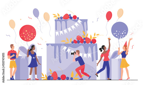 People in birthday party vector illustration. Cartoon tiny flat man woman characters have fun together, happy friends celebrate birthdate at big gift cake, anniversary celebration isolated on white