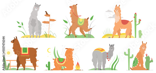 Cartoon lama flat vector illustrations. Cute llamas alpaca characters smiling, walking, jumping, sleeping in Peru desert landscape with cactuses. Mexican funny lama animal collection isolated on white