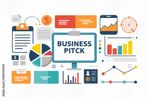 Colorful vector illustration of a business pitch concept depicting data charts and financial elements against a white background