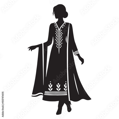 Black-and-white representation of salwar kameez in silhouette – salwar kameez silhouette – salwar kameez vector – salwar kameez illustration – ladies dress silhouette – silhouette of salwar kameez

