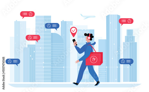 Deliveryman vector illustration. Cartoon flat courier with backpack product box walking around city, postman character delivering packages. Express shipment, home delivery service isolated on white