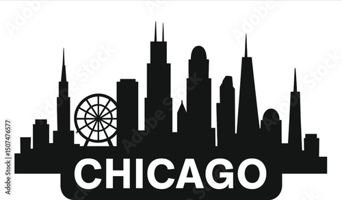 Chicago cityscape is displayed in a horizontal banner with a black and white silhouette, set against the city of Chicago, USA, as a vector template for design purposes