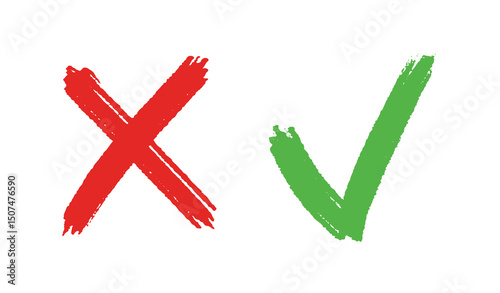 grunge hand drawn with brush strokes cross x and tick OK check marks. red cross and green check mark isolated on white background.