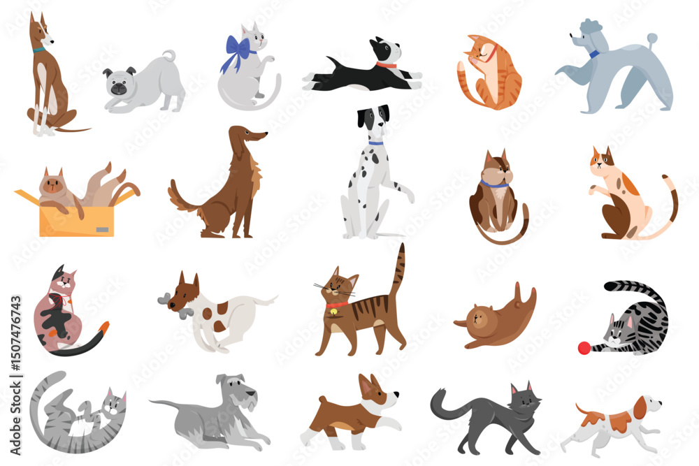 Fototapeta premium Cute funny cartoon domestic pets characters flat vector illustration. Different breed of cats and dogs walking, playing and posing.