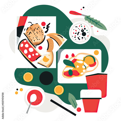 Flat minimalist vector illustration of breakfast spread with sandwich, coffee cups, yogurt bowl, toast, and fresh ingredients on dark green background
