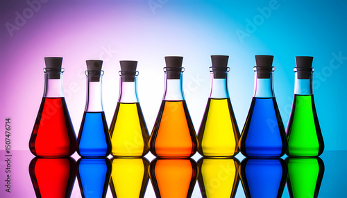 Glass flasks filled with brightly colored liquids are arranged in a neat row on a smooth gradient background