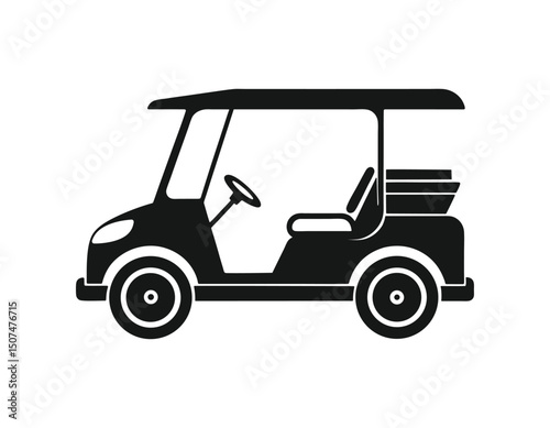 golf cart icon in black, a simple silhouette of a two-seater vehicle. ideal for golf course maps, sports graphics, or transportation-related designs.