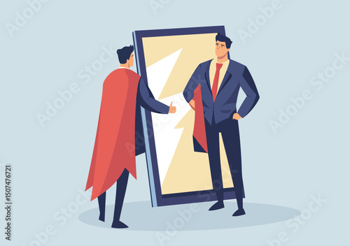 Businessman wearing red cape looking confidently at superhero reflection in mirror symbolizing self confidence ambition and success concept vector illustration