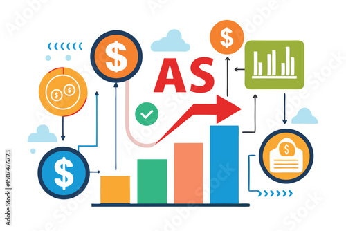 Financial concept with dollar symbols and business charts illustrated in a colorful diagram representing growth and profitability with transparency.