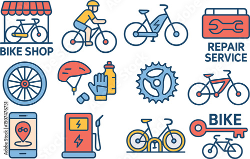 Vector illustration of a set of thin line icons for bike shops, repair services, and rentals, including linear pictograms of cycling gears and elements for electric or mountain bikes, as well as a