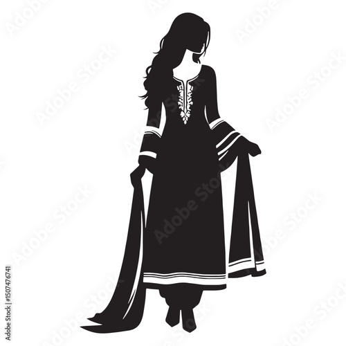 Sharp and simple salwar kameez silhouette with minimal detail – salwar kameez silhouette – salwar kameez vector – salwar kameez illustration – ladies dress silhouette – silhouette of salwar kameez

