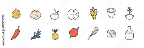 Set of minimalist line art food ingredient icons including lemon, cauliflower, garlic, clove, cup, herb, chili pepper, green onion, orange, pomegranate, wheat, potato, and bottle illustration