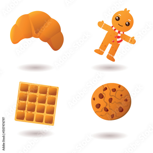 Set of different delicious pastry desserts. Tasty fresh croissant, waffle, chocolate cookie, gingerbread man. Vector illustration of pastry isolated on white 
background