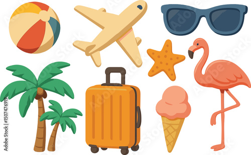 A set of 3d realistic vector icons for summer is available, including an inflatable ball, airplane, sunglasses, starfish, suitcase, flamingo, palm trees, and ice cream