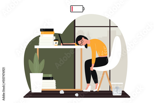 Work problem vector illustration. Cartoon sad woman character working hard in crisis, upset by problematical business task, businesswoman sitting at table, frustrated in emotional overwork burnout