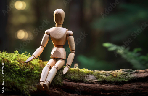 A wooden artist mannequin is posed thoughtfully on a mossy log in the woods, captured in beautiful golden hour lighting.